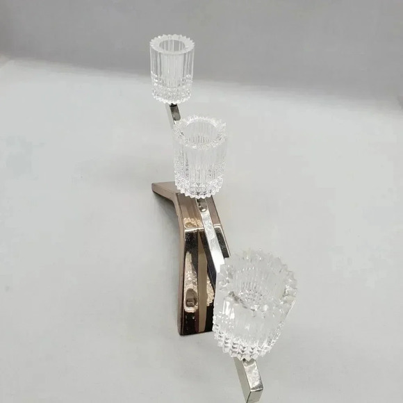 Vintage MCM 60s 3 Candle Stick Holder Silver Metal Bar Crystal Cups Germany Mod - Picture 10 of 16